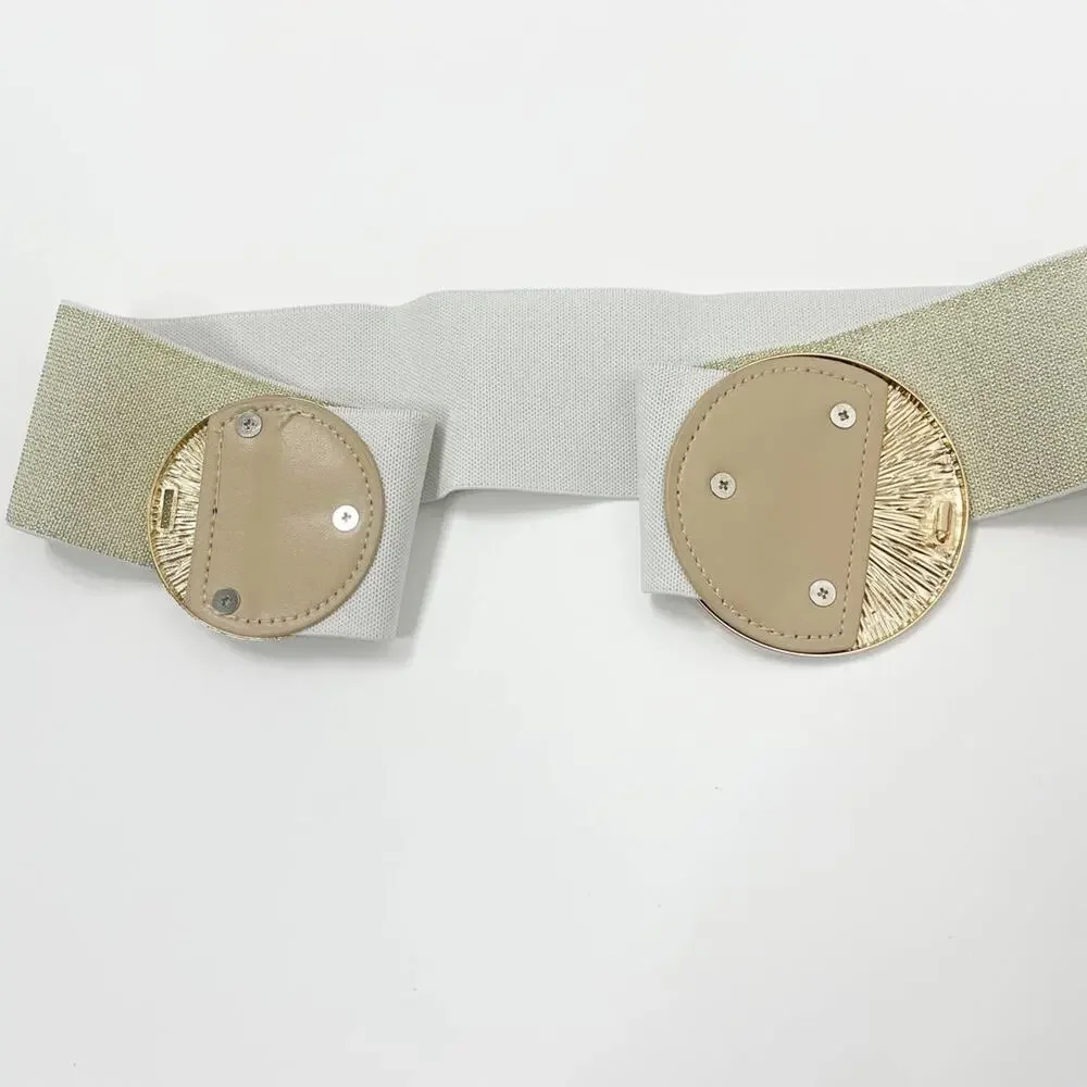2/$30 NEW Elastic Wide Corset Safe Waist Belt Metallic Snap Buckle Beige Cinch…